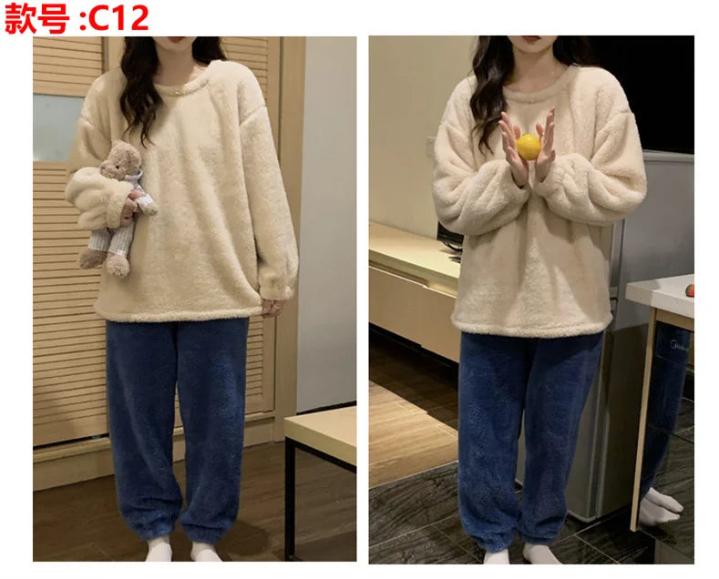 Pijama abrigado de mujer liso con acabado aterciopelado