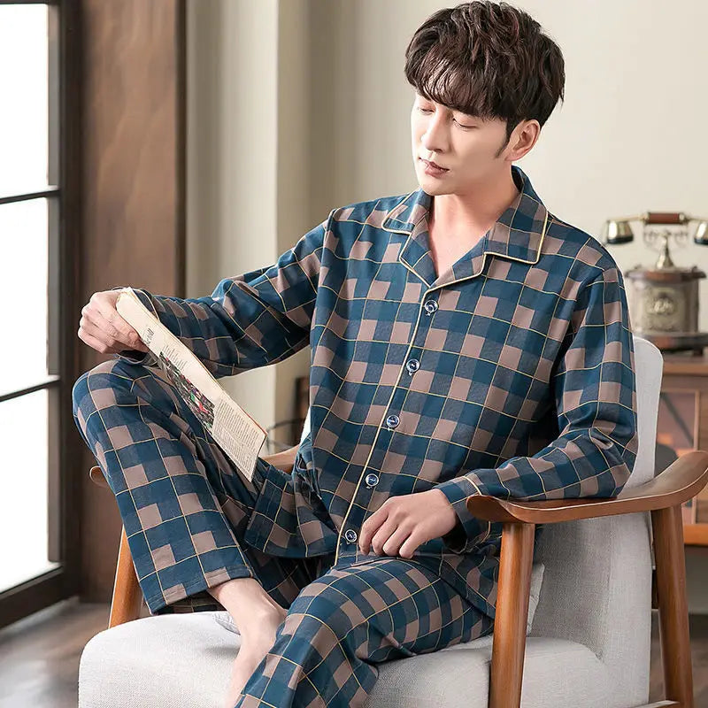 Pijama camisero de hombre de poliéster con pantalón largo