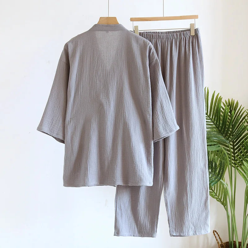 Pijama de hombre de algodón estilo kimono con pantalón largo