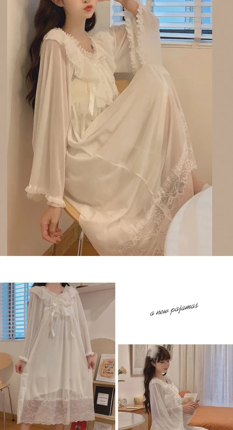 Camisón de manga larga con volados estilo romántico
